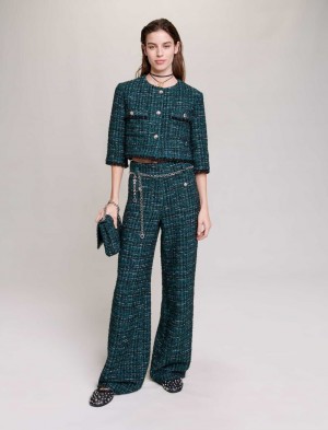 Maje Brede-leg Tweed Trousers Grønn | Norge_M51313