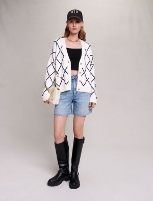 Maje Diamond Pattern Strikket Cardigan Ecru | Norge_M87533