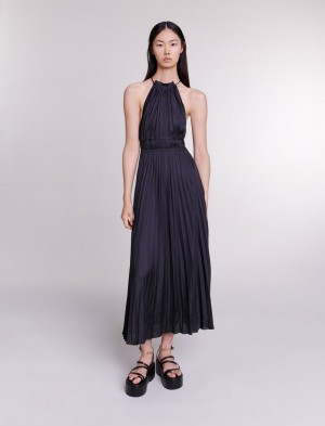 Maje Plissert Satin Maxi Svarte | Norge_M62903