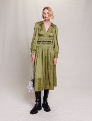 Maje Satin-effect Ruffled Midi Khaki | Norge_M30858