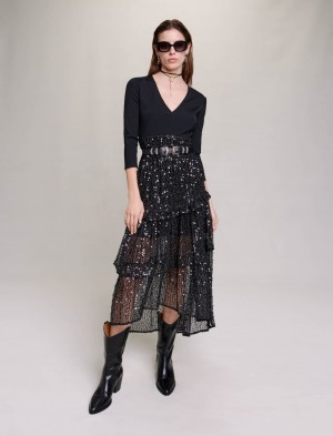 Maje Sequin And Mesh Maxi Svarte | Norge_M31345