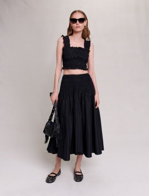 Maje Smocked Maxi Skirt Svarte | Norge_M90218