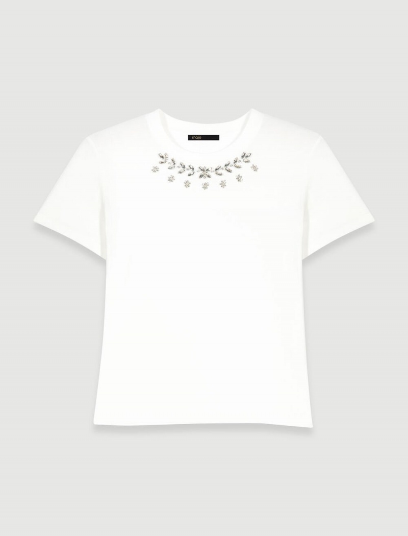 Maje 100% Bomull T-shirt With Rhinestones Hvite | Norge_M89220