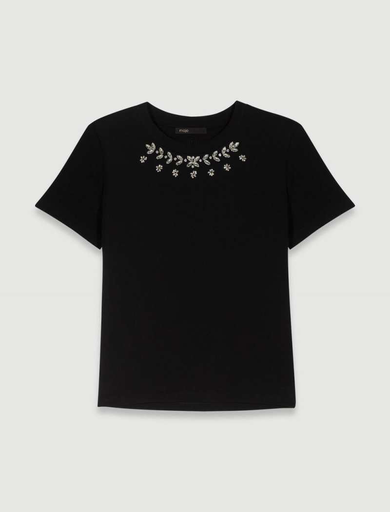 Maje 100% Bomull T-shirt With Rhinestones Svarte | Norge_M79699