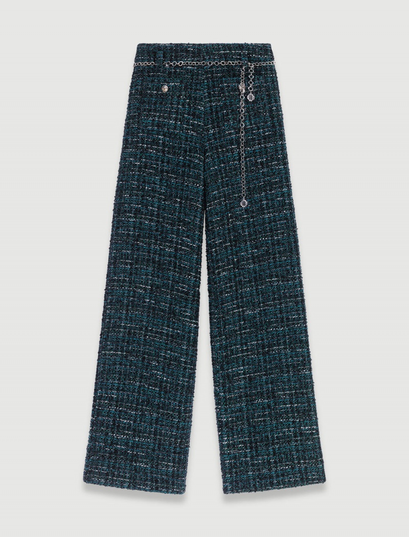 Maje Brede-leg Tweed Trousers Grønn | Norge_M51313