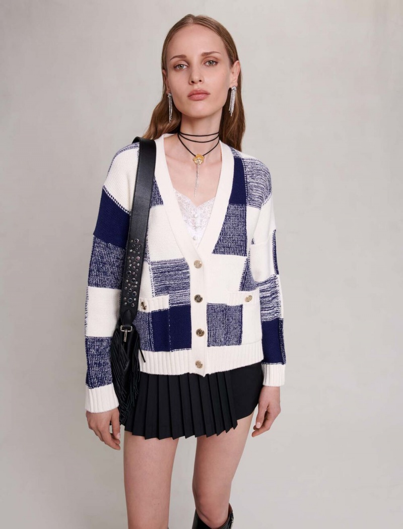 Maje Checked Knit Cardigan Bleu | Norge_M59377