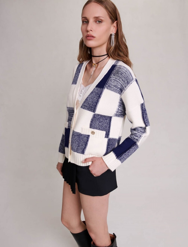 Maje Checked Knit Cardigan Bleu | Norge_M59377