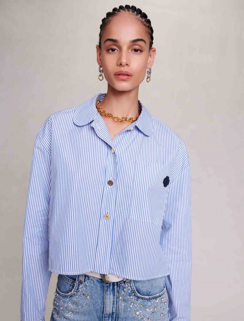 Maje Cropped Stripete Shirt Blå | Norge_M83298