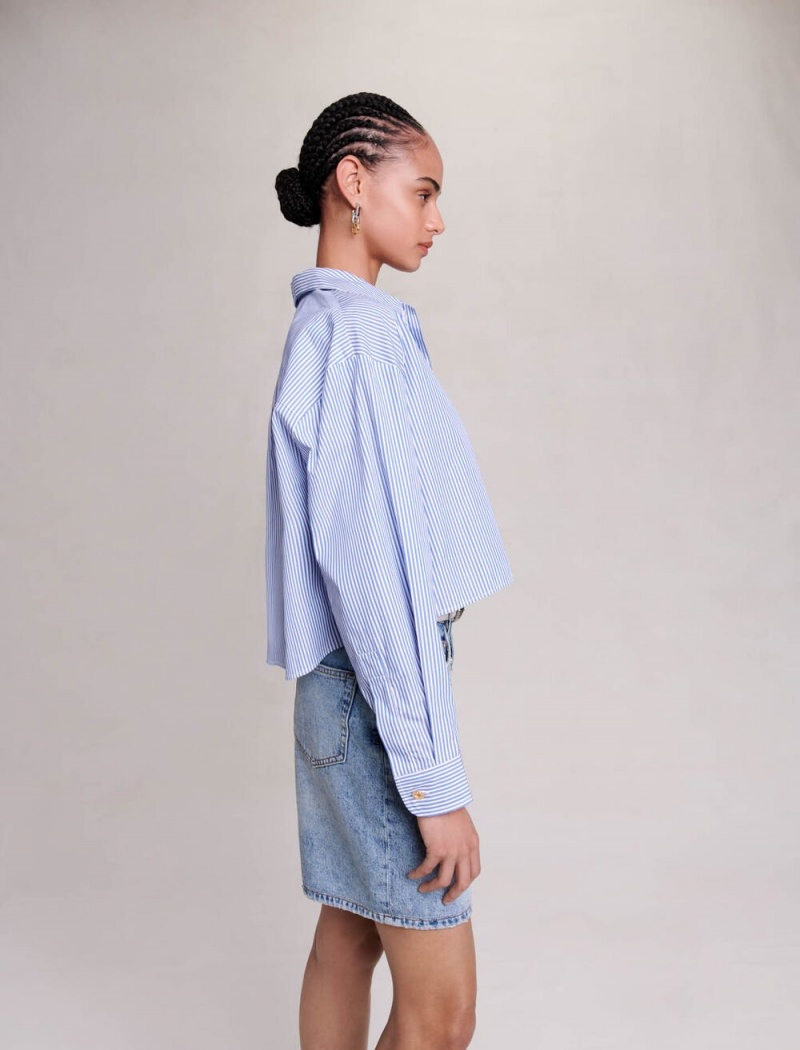 Maje Cropped Stripete Shirt Blå | Norge_M83298