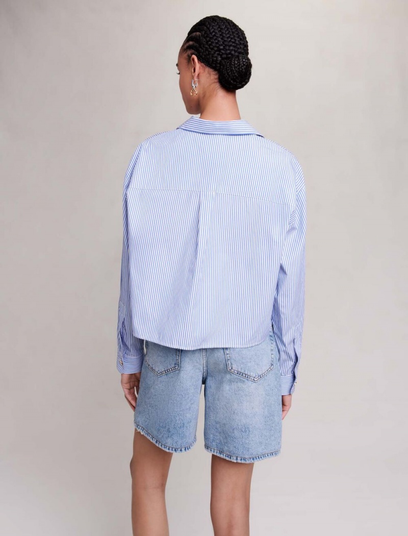 Maje Cropped Stripete Shirt Blå | Norge_M83298