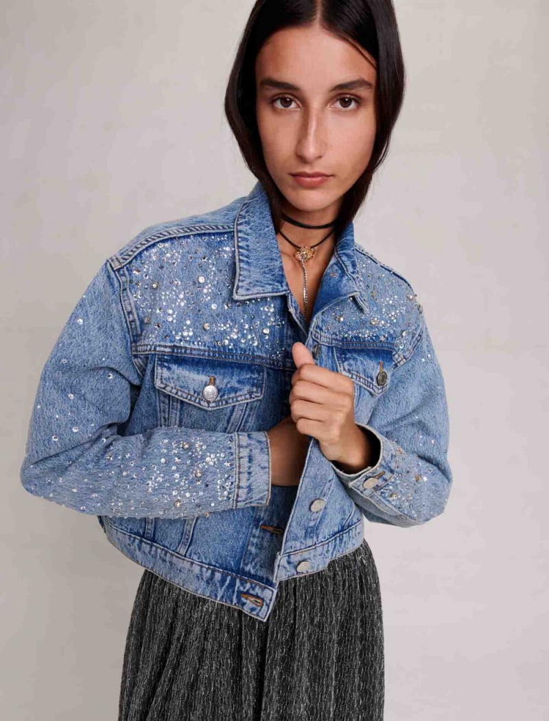 Maje Denim Jacket With Rhinestones Blå | Norge_M33388