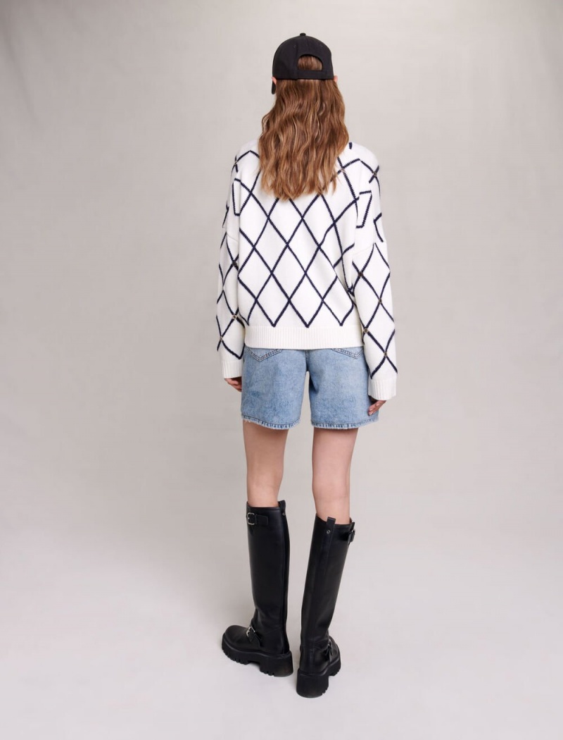 Maje Diamond Pattern Strikket Cardigan Ecru | Norge_M87533