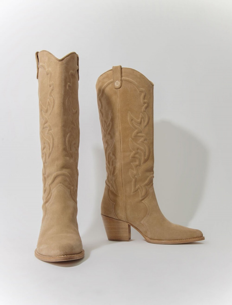 Maje Embroidered Lær Cowboy Boots Beige | Norge_M83907