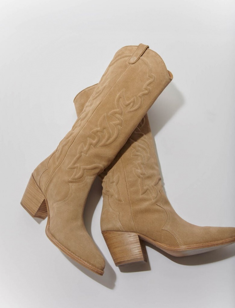 Maje Embroidered Lær Cowboy Boots Beige | Norge_M83907