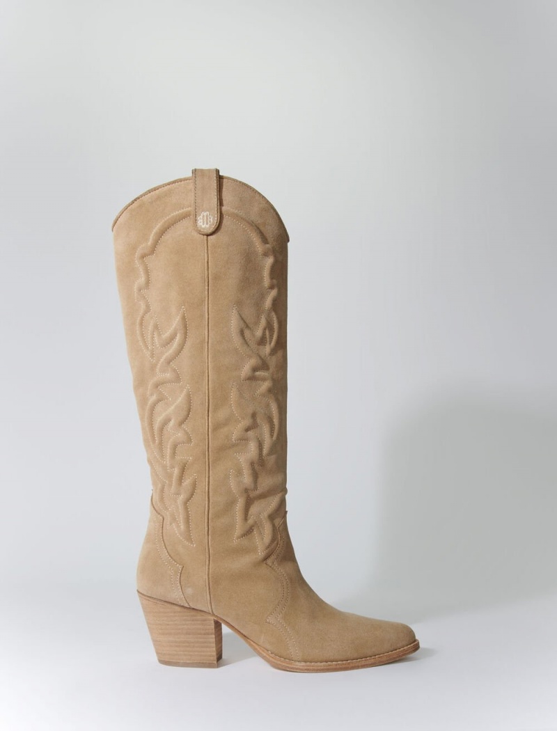 Maje Embroidered Lær Cowboy Boots Beige | Norge_M83907