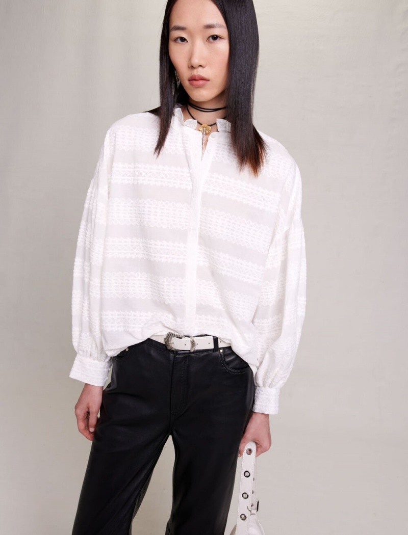 Maje Embroidered Ruffled Shirt Hvite | Norge_M72411