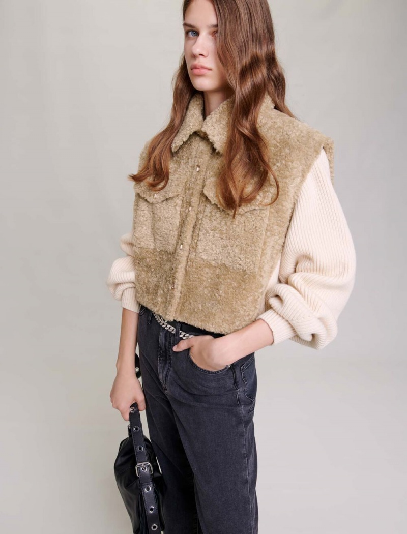 Maje Faux Fur And Knit Khaki | Norge_M34851