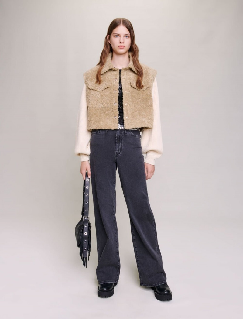 Maje Faux Fur And Knit Khaki | Norge_M34851