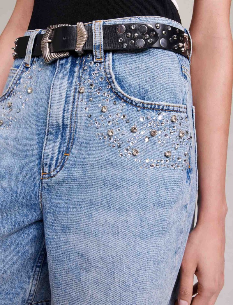 Maje Flared Denim Shorts With Rhinestones Blå | Norge_M62666