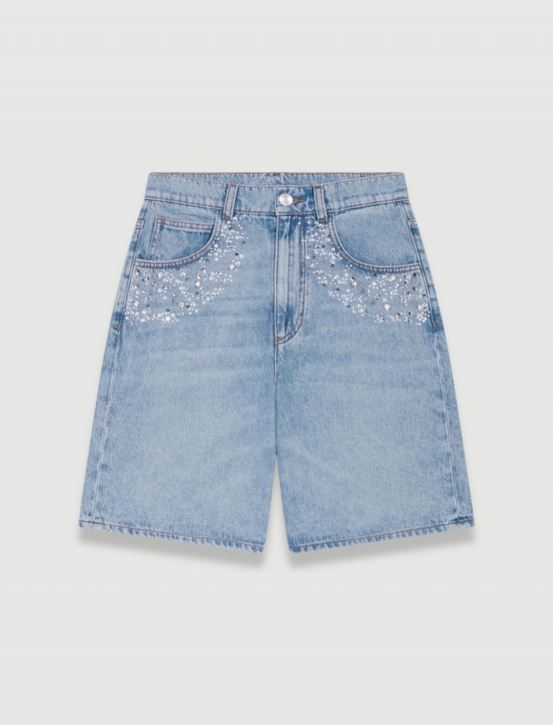 Maje Flared Denim Shorts With Rhinestones Blå | Norge_M62666