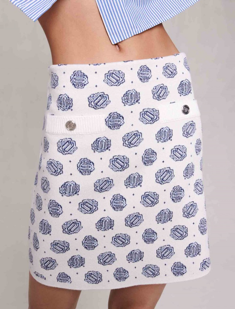 Maje Monogrammed Knit Skirt Clover monogram ecru/blue | Norge_M25787