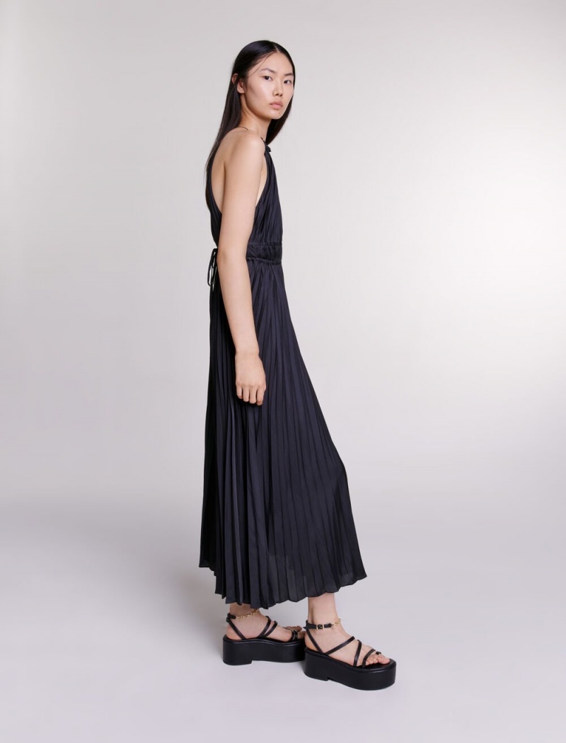 Maje Plissert Satin Maxi Svarte | Norge_M62903