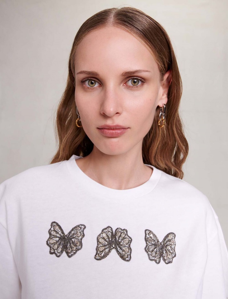 Maje Rhinestone Butterfly Cropped Hvite | Norge_M92916