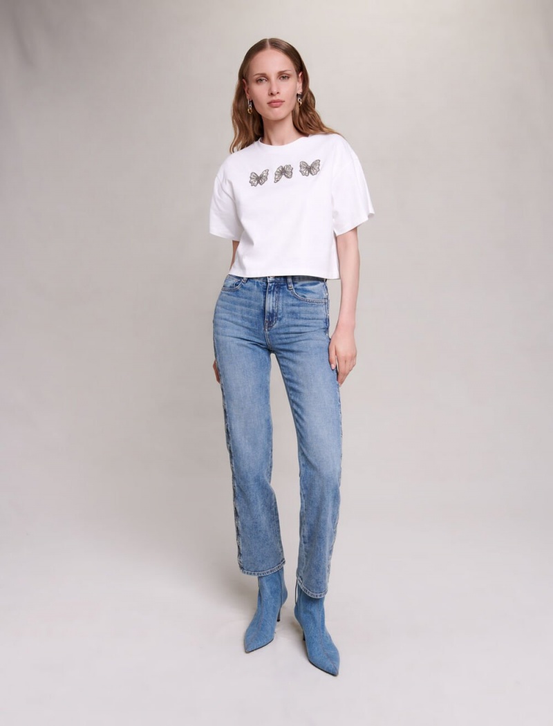 Maje Rhinestone Butterfly Cropped Tee Hvite | Norge_M72003