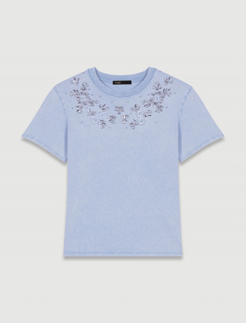 Maje Rhinestone T-shirt Lyse Blå | Norge_M22060