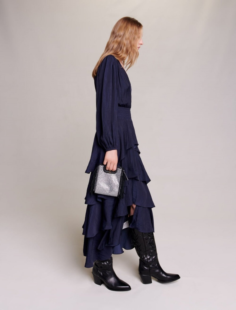 Maje Ruffled Maxi Marineblå | Norge_M96648