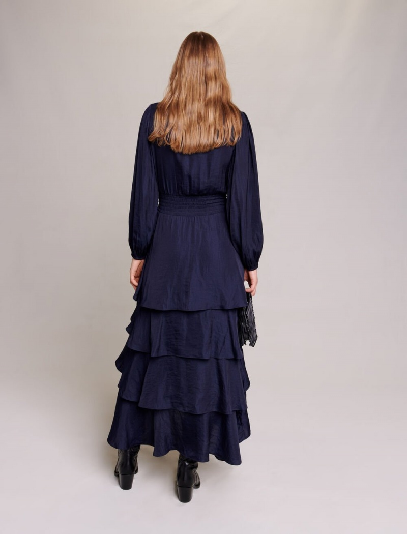 Maje Ruffled Maxi Marineblå | Norge_M96648