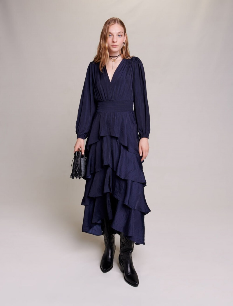 Maje Ruffled Maxi Marineblå | Norge_M96648