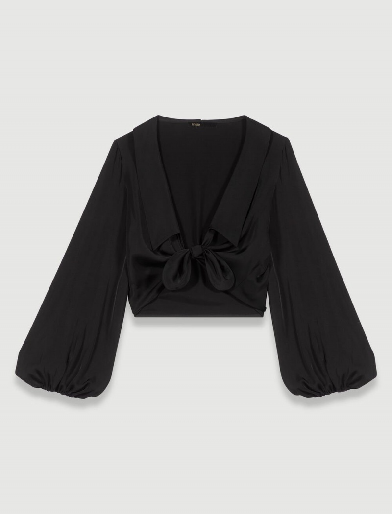 Maje Satin Tie-front Shirt Svarte | Norge_M61067