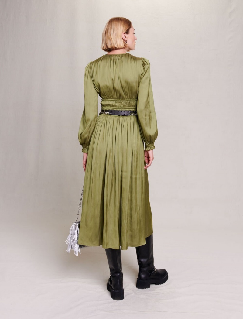 Maje Satin-effect Ruffled Midi Khaki | Norge_M30858