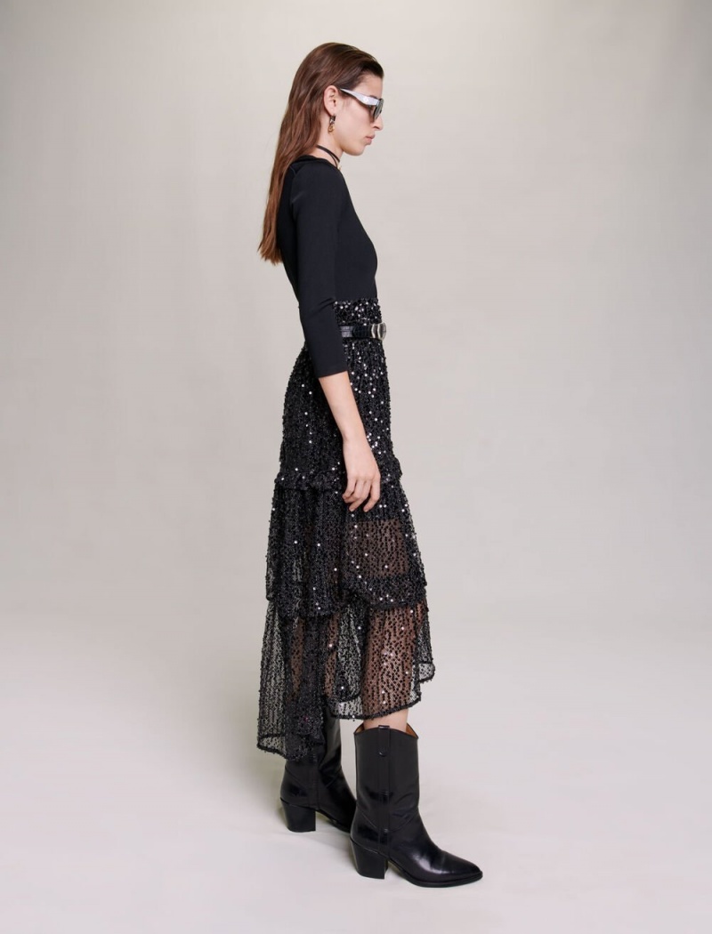 Maje Sequin And Mesh Maxi Svarte | Norge_M31345