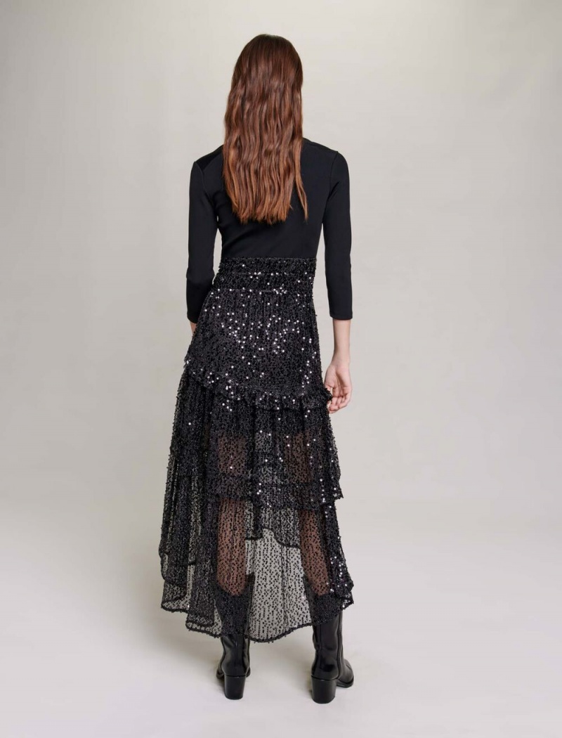 Maje Sequin And Mesh Maxi Svarte | Norge_M31345