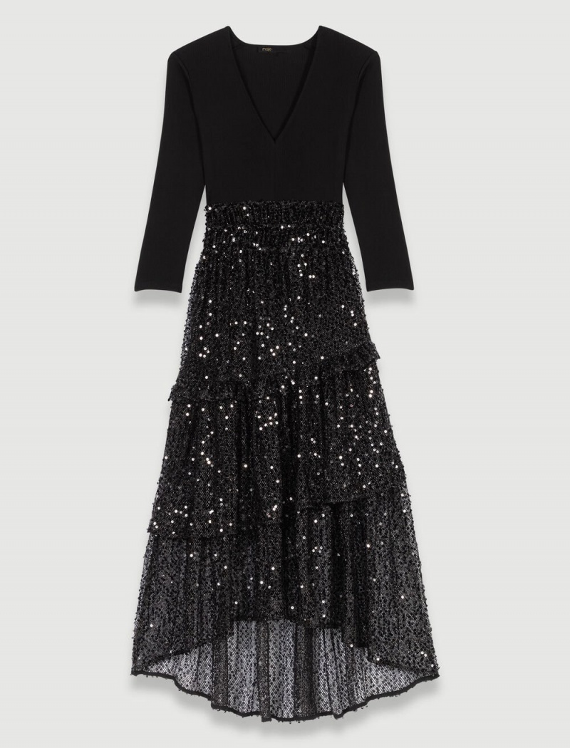 Maje Sequin And Mesh Maxi Svarte | Norge_M31345