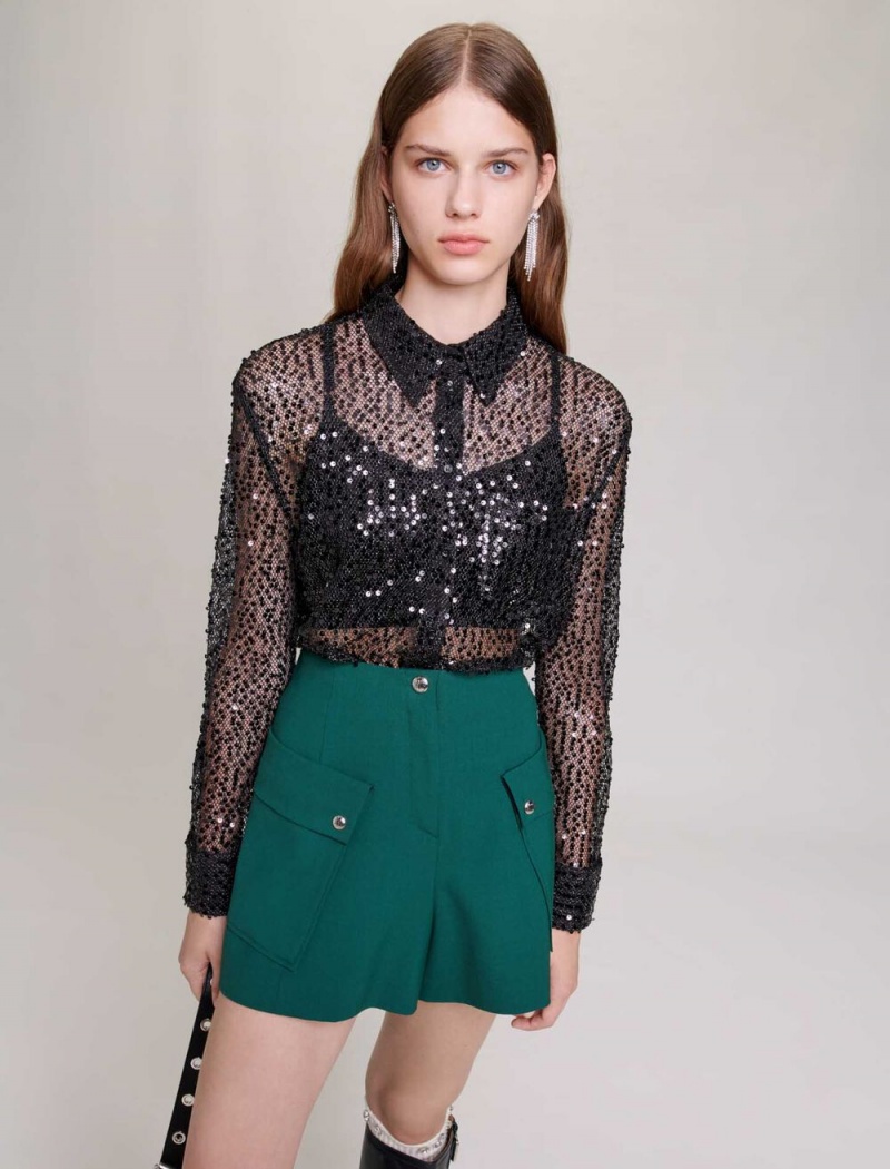 Maje Sequinned Cropped Shirt Svarte | Norge_M41387