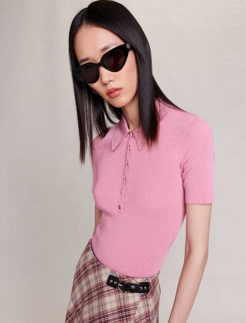 Maje Sparkly Knit Polo Shirt Rosa | Norge_M81584