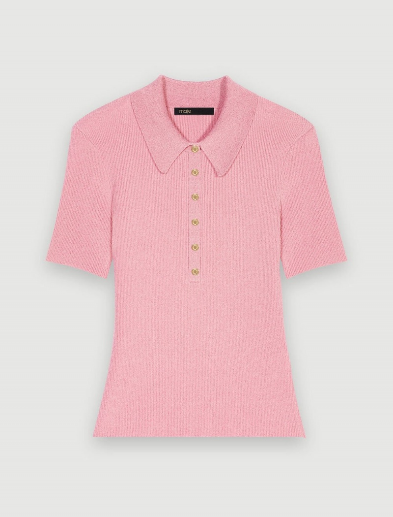 Maje Sparkly Knit Polo Shirt Rosa | Norge_M81584